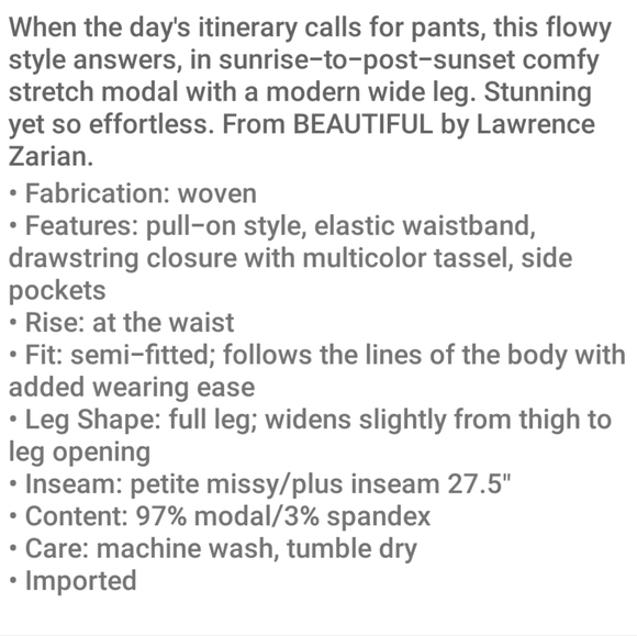 BEAUTIFUL by Lawrence Zarian Petite Tassel Pull-on Pant. Brand new, never worn. - Picture 3 of 8